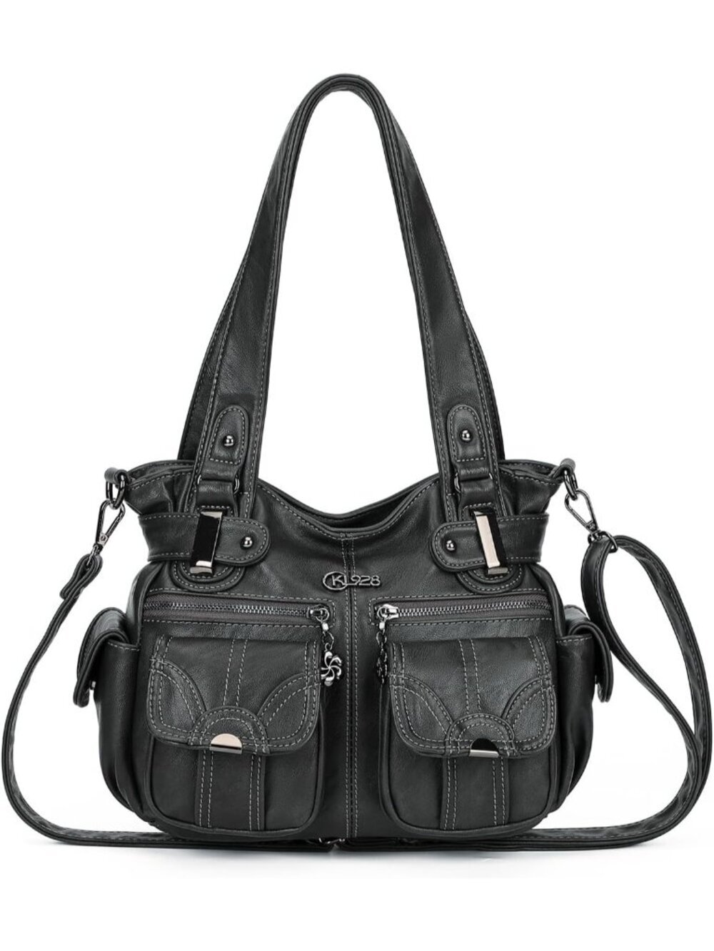 Women's 01 Grey PU Leather Multi-Pocket Hobo Tote Handbag Shoulder Bag